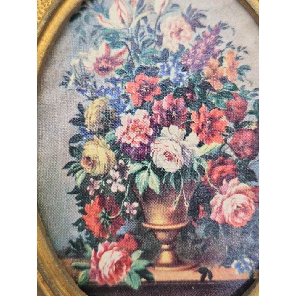 Vintage Ornate Gold Floral Wall Art Set of 2 Oval Frames Pansies Roses 6in